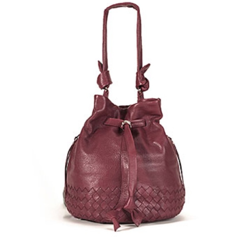 ELLIOTT LUCCA Padova Burgundy Leather Drawstring Woven Bucket Bag Tote Hobo